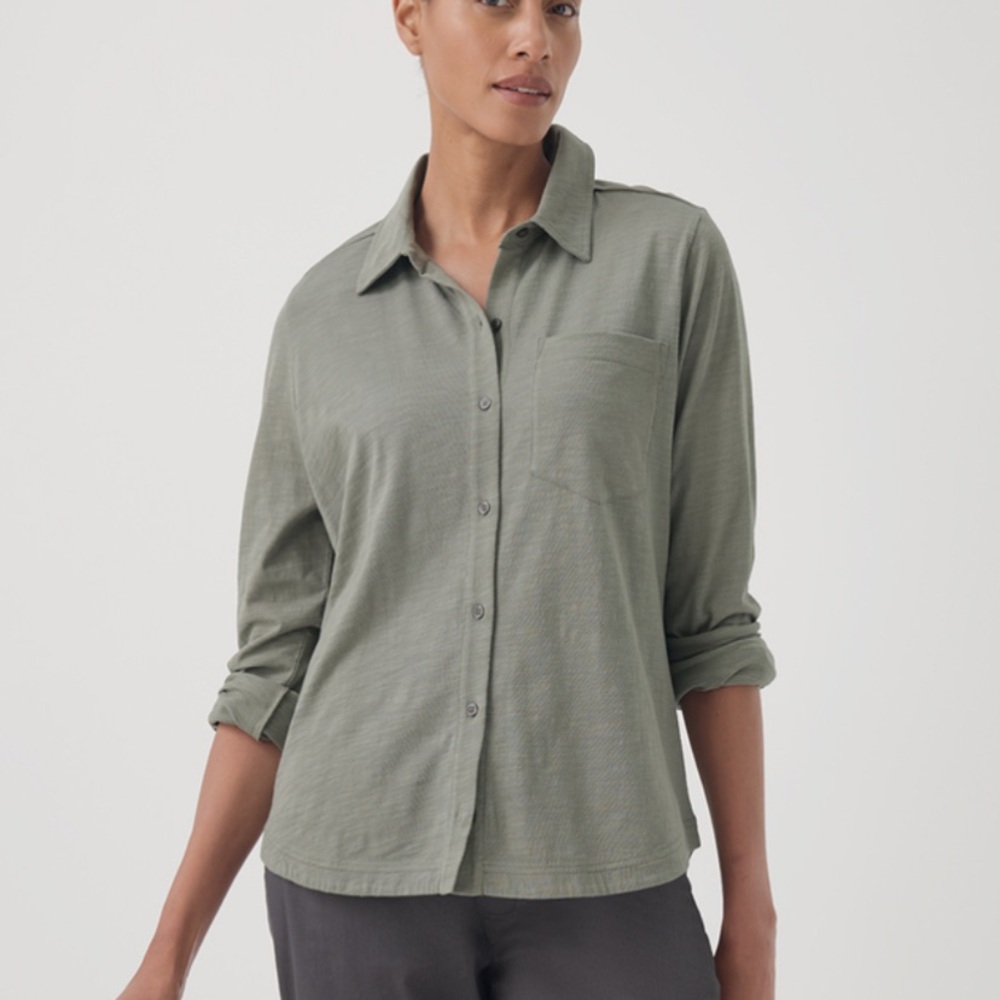Pact Women's Shadow Relaxed Slub Long Sleeve Button Up S